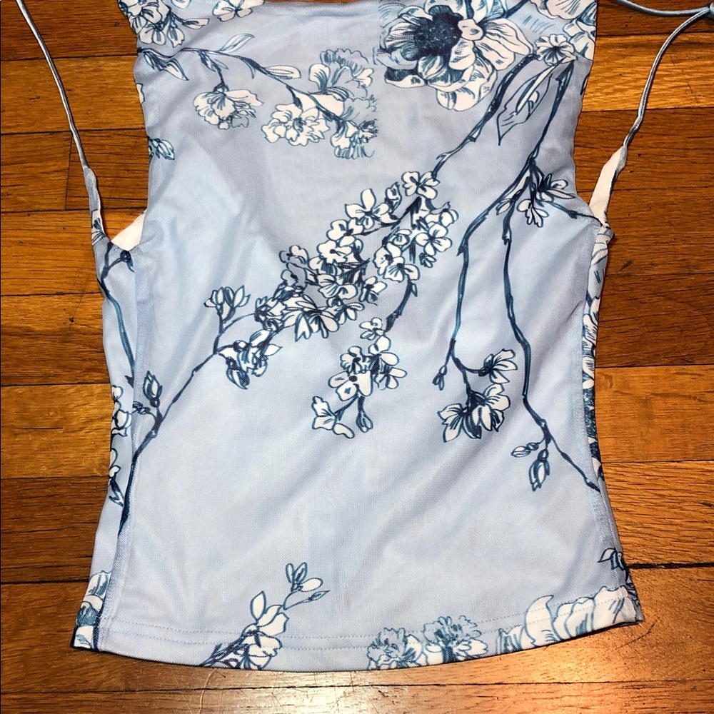 Tiger Mist Cambell Mesh Corset Crop Top in Ceramic Floral Blue, US size 0 - Picture 11 of 14